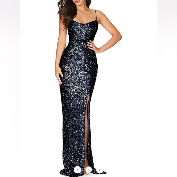 NOOKIE Sequined Long Maxi Evening Dress Spaghetti Strap High Slit Medium NEW - Picture 5 of 8
